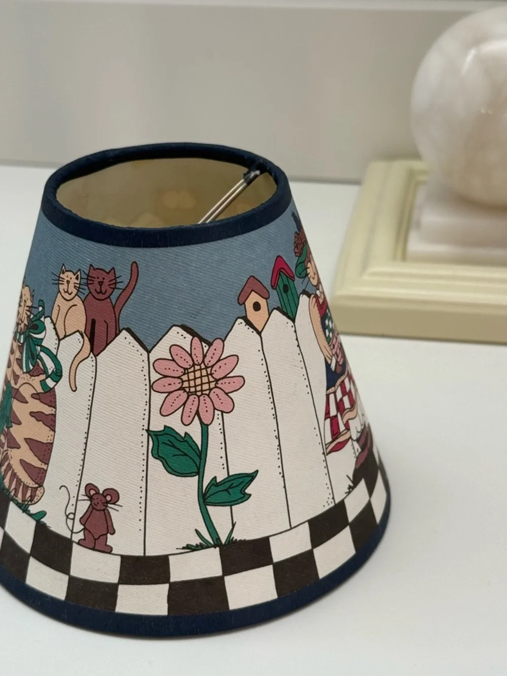 Vintage Alma Lynne Cats Blue and White Folk Art Clip On Lamp Shade